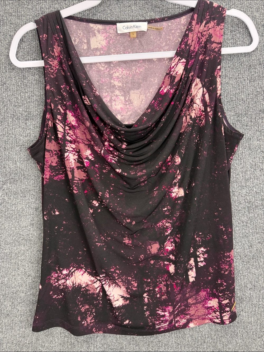 Calvin Klein Black Sleeveless Top with Pink Splash Print Draped Cowl Neck Large